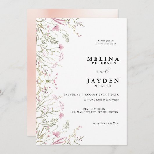 Elegant Pink Wild Floral Wedding Kaart (Voorkant / Achterkant)