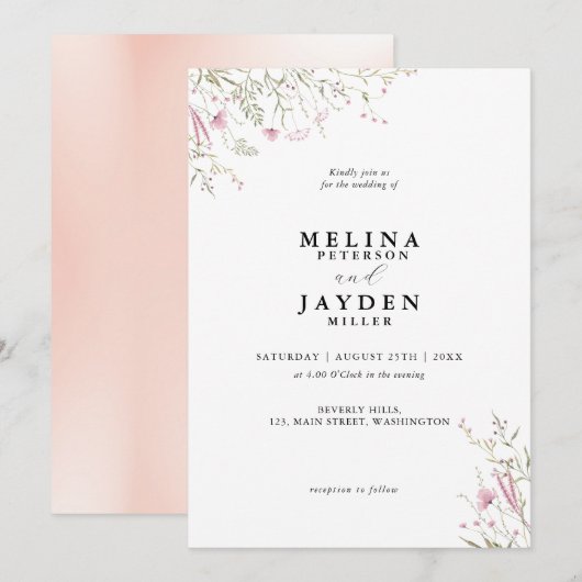 Elegant Pink Wild Floral Wedding Kaart (Voorkant / Achterkant)