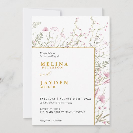 Elegant Pink Wild Floral Wedding  Kaart (Voorkant)