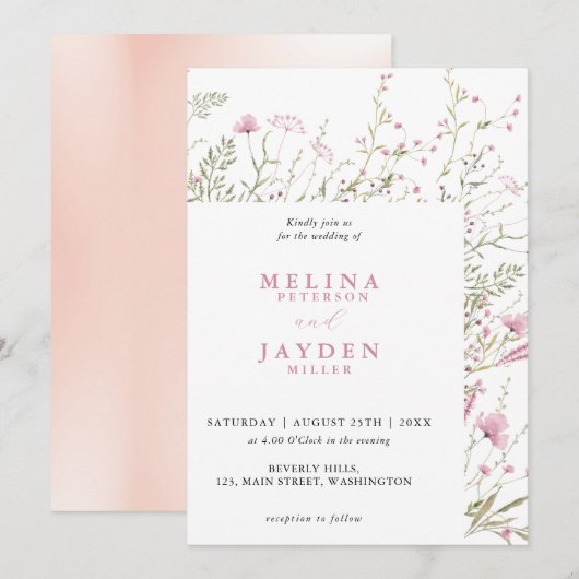 Elegant Pink Wild Floral Wedding Kaart (Voorkant / Achterkant)