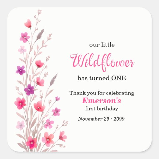 Elegant Pink Wildflower 1st Birthday Party Vierkante Sticker (Voorkant)