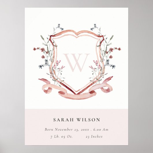 Elegant Pink Wildflower Crest Monogram geboortesta Poster (Voorkant)