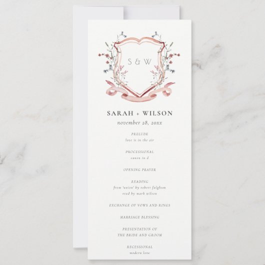 Elegant Pink Wildflower Crest Wedding Programme Kaart (Voorkant)