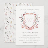Elegant Pink Wildflower Monogram Crest Christening Kaart (Voorkant / Achterkant)