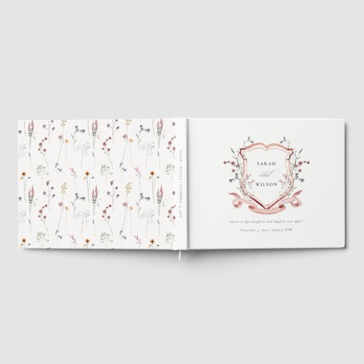 Elegant Pink Wildflower Waterverf Crest Wedding Gastenboek (Volledig)