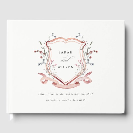 Elegant Pink Wildflower Waterverf Crest Wedding Gastenboek (Voorkant)