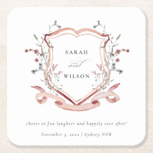 Elegant Pink Wildflower Waterverf Crest Wedding Kartonnen Onderzetters