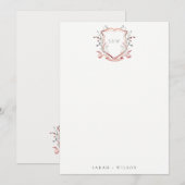 Elegant Pink Wildflower Waterverf Crest Wedding Notitiekaartje (Voorkant / Achterkant)