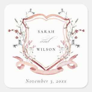 Elegant Pink Wildflower Waterverf Crest Wedding Vierkante Sticker