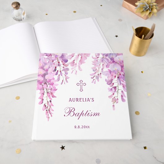 Elegant Pink Wisteria Baptism Guest Book Gastenboek (Voorkant open)