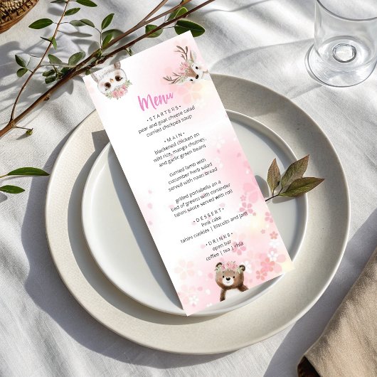 Elegant Pink  Woodland Baby Shower Menu Card