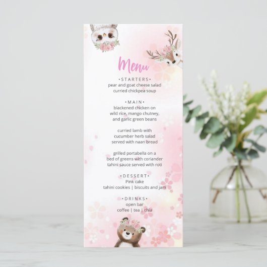 Elegant Pink  Woodland Baby Shower Menu Card (Staand voorkant)