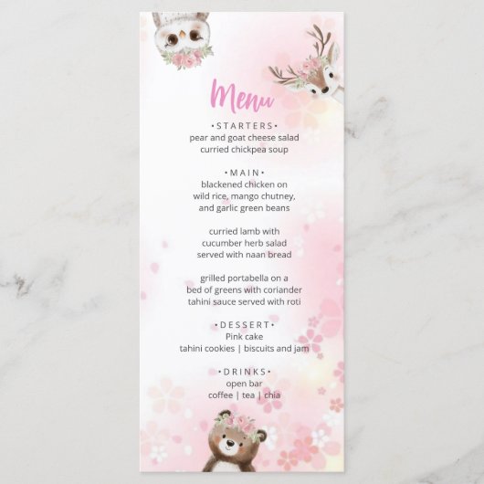 Elegant Pink  Woodland Baby Shower Menu Card (Voorkant)