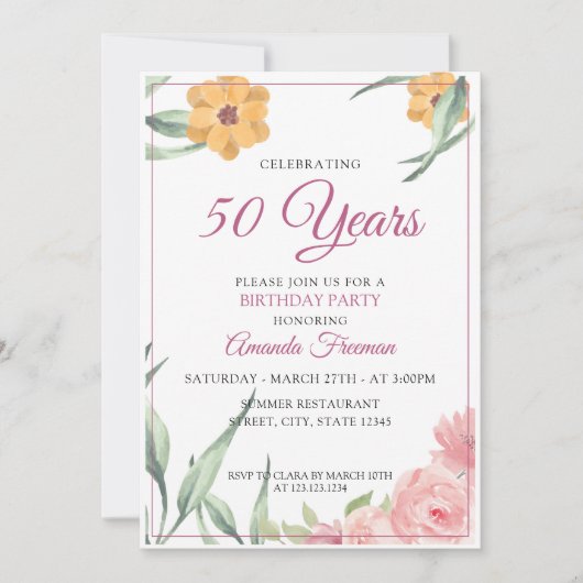 Elegant Pink & Yellow Floral Birthday Kaart (Voorkant)