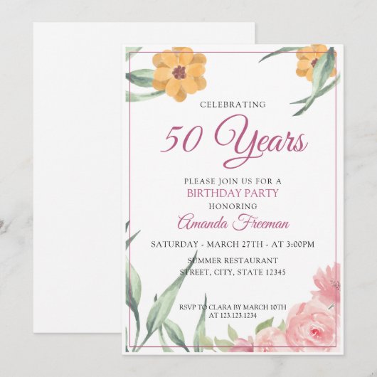 Elegant Pink & Yellow Floral Birthday Kaart (Voorkant / Achterkant)