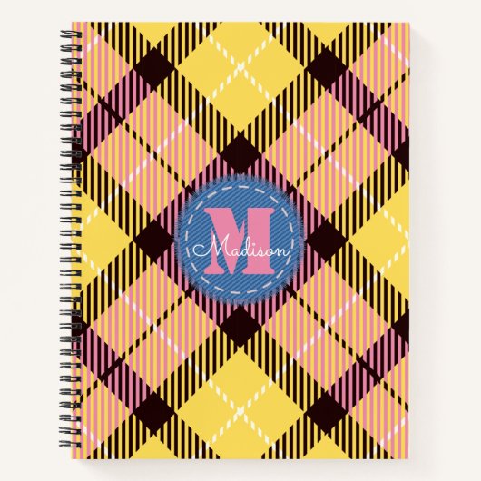 Elegant Pink Yellow Tartan Jeans Monogram Script Notitieboek (Voorkant)