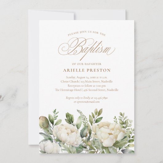 Elegant Pioen Bloemen Script Doop Kaart (Voorkant)