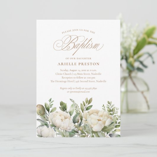 Elegant Pioen Bloemen Script Doop Kaart (Staand voorkant)