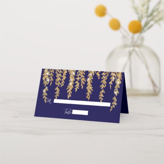 Elegant Place Card Twinkle Lights Gold Willow Leaf Plaatskaartje (Voorkant)