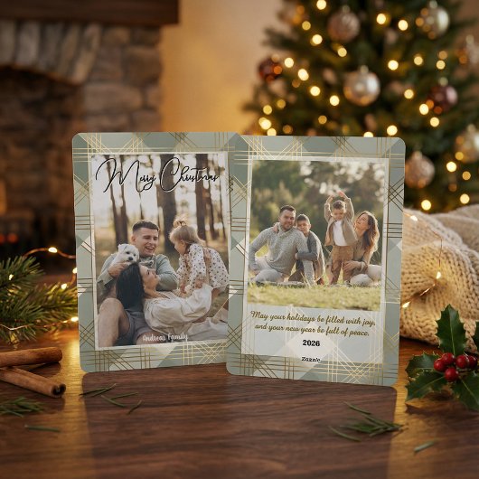 Elegant Plaid Christmas Card with Family Photo Feestdagenkaart