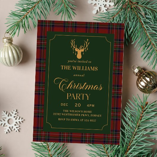Elegant Plaid Christmas Party Invitation Kaart