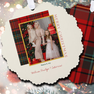 Elegant Plaid Modern Photo Ornament Christmas Card Kaart