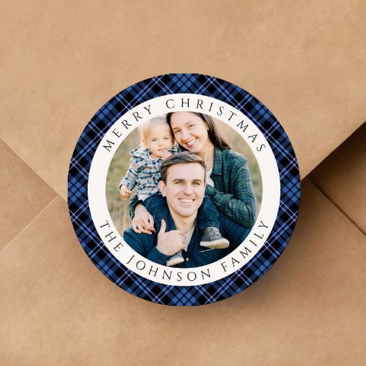 Elegant Plaid Photo Christmas Ronde Sticker