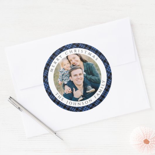 Elegant Plaid Photo Christmas Ronde Sticker (Envelop)