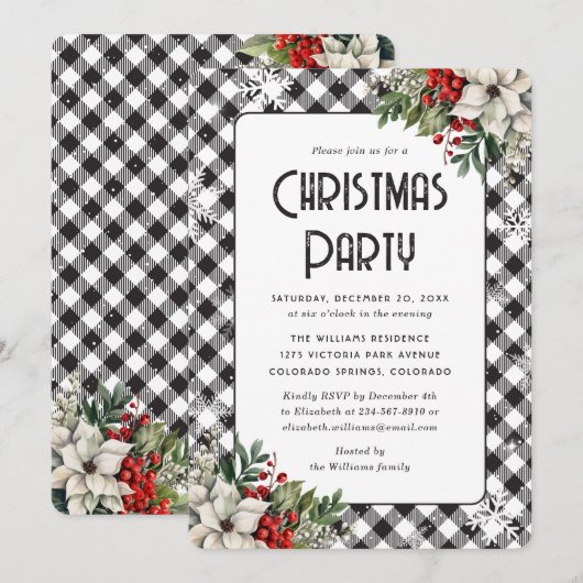 Elegant Plaid Winter Botanicals Christmas Party Kaart (Voorkant / Achterkant)