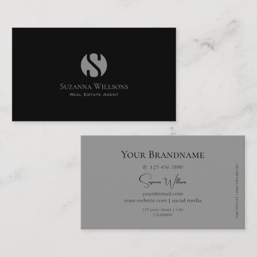 Elegant Plain Black en Grey met Monogram Modern Visitekaartje (Voorkant / Achterkant)