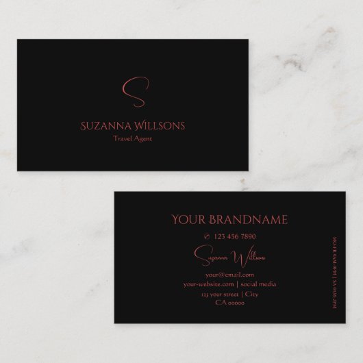 Elegant Plain Black en Red met monogram stijlvol Visitekaartje (Voorkant / Achterkant)