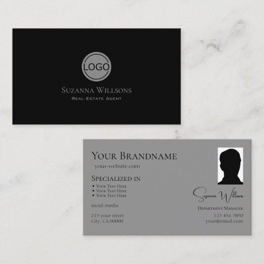 Elegant Plain Black Grey met Logo- en Photo Cool Visitekaartje (Voorkant / Achterkant)