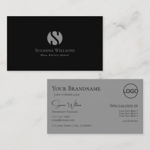 Elegant Plain Black Grey met monogram en Logo Visitekaartje