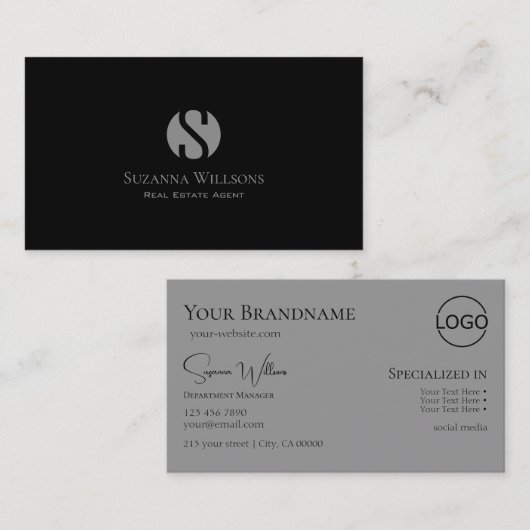 Elegant Plain Black Grey met monogram en Logo Visitekaartje (Voorkant / Achterkant)