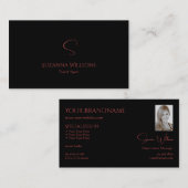 Elegant Plain Black Red met monogram en foto Visitekaartje (Voorkant / Achterkant)
