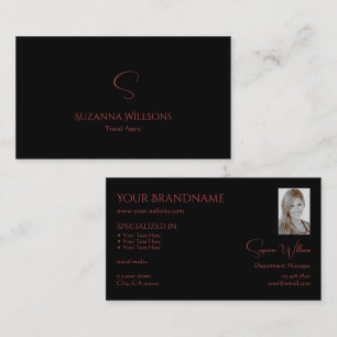 Elegant Plain Black Red met monogram en foto Visitekaartje