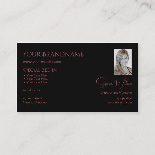Elegant Plain Black Red met monogram en foto Visitekaartje (Achterkant)
