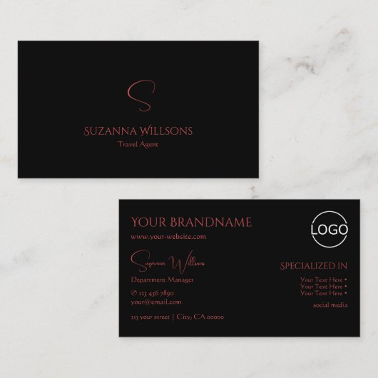 Elegant Plain Black Red met monogram en Logo Visitekaartje (Voorkant / Achterkant)