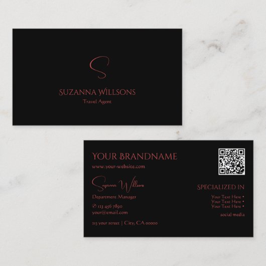 Elegant Plain Black Red met monogram en QR-code Visitekaartje (Voorkant / Achterkant)