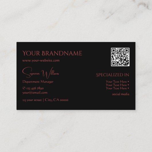 Elegant Plain Black Red met monogram en QR-code Visitekaartje (Achterkant)