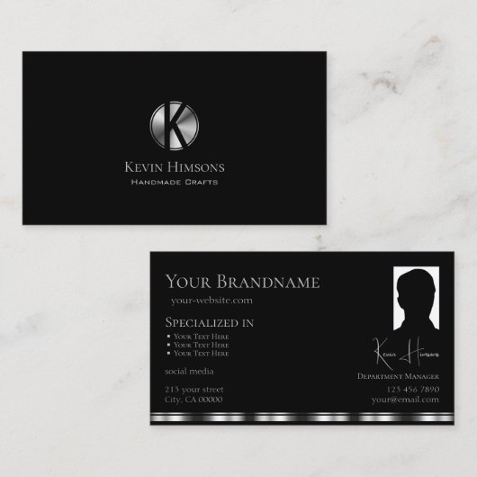 Elegant Plain Black Silver met monogram en foto Visitekaartje (Voorkant / Achterkant)