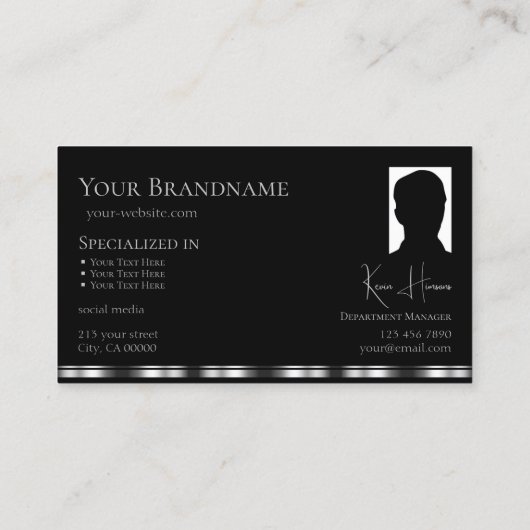 Elegant Plain Black Silver met monogram en foto Visitekaartje (Achterkant)