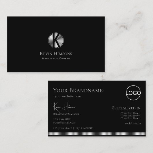 Elegant Plain Black Silver met monogram en Logo Visitekaartje (Voorkant / Achterkant)