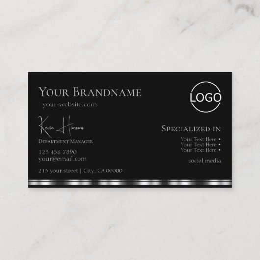 Elegant Plain Black Silver met monogram en Logo Visitekaartje (Achterkant)