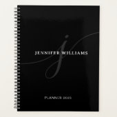 Elegant Plain Black White Silver Script Monogram Planner (Voorkant)