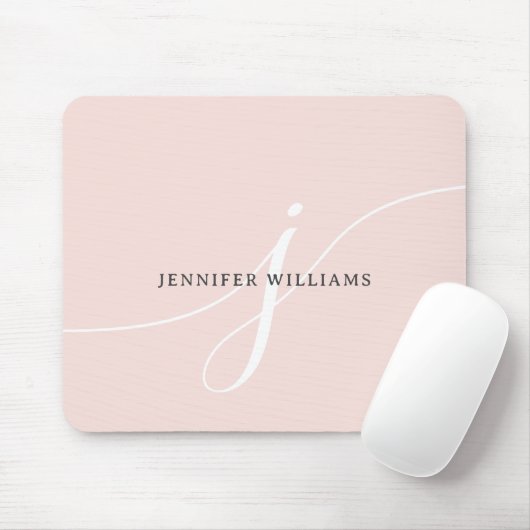 Elegant Plain Blush Pink White Script Monogram Muismat (Met muis)
