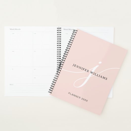 Elegant Plain Blush Pink White Script Monogram Planner (Display)