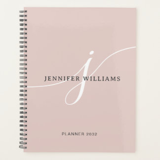 Elegant Plain Blush Pink White Script Monogram Planner
