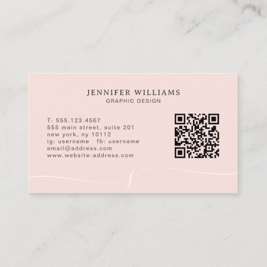 Elegant Plain Blush Roze Script Monogram QR Code Visitekaartje (Achterkant)