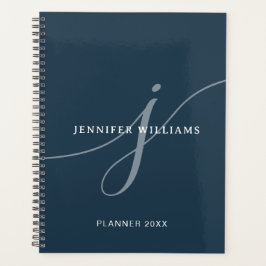Elegant Plain Dusty Navy Blue Script Monogram Planner
